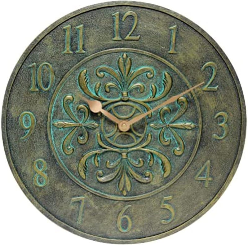Infinity Instruments Blanc Fleur Aged Bronze 15 inch Decorative Outdoor Clock for Garage, Patio, Backyard, Outdoor Wall, Fence Vintage Antique Aged Bronze - Image 1
